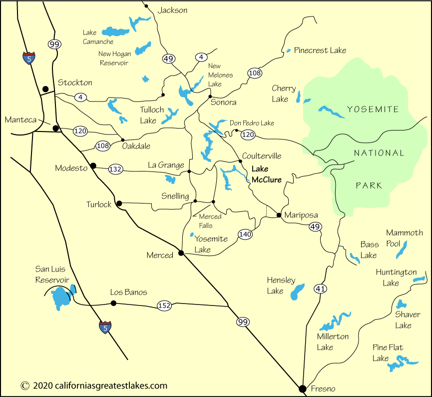 Map showing the greater Lake McClure area, CA