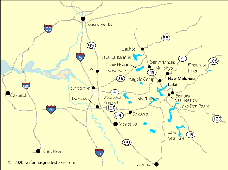 Map showing the greater New Melones Lake area, CA