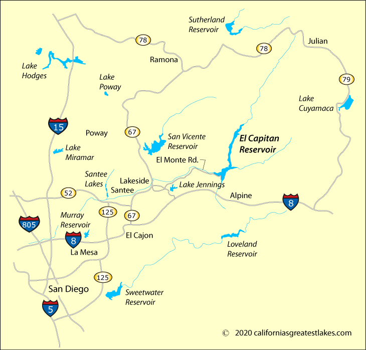 Map showing lakes throughout the greater San Diego area, CA