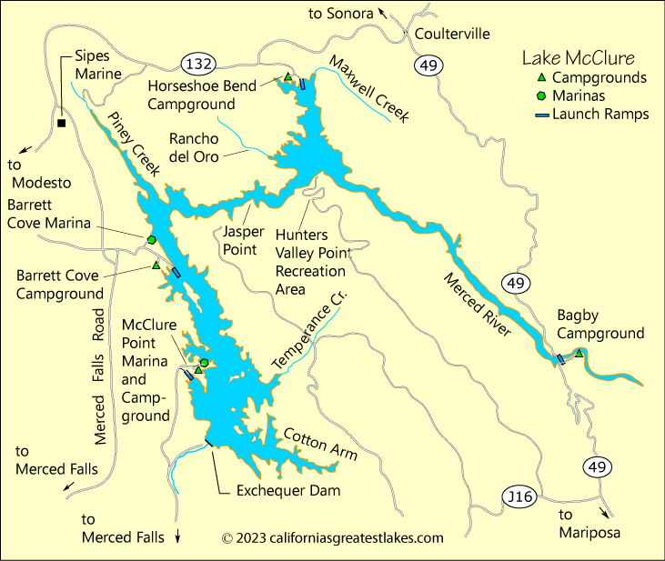 Lake McClure  fishing map, CA