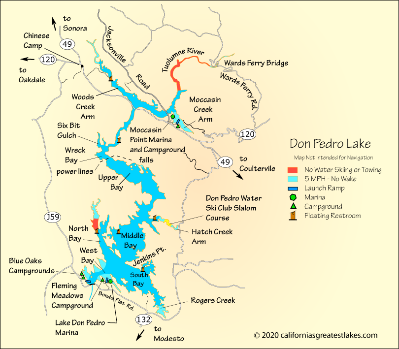 Don Pedro Lake fishing map, CA