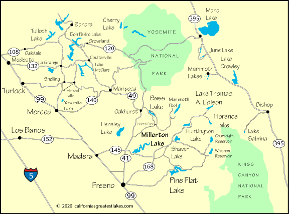 Map showing the greater Millerton Lake area, CA