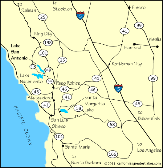 Map showing the greater Lake San Antonio area, CA