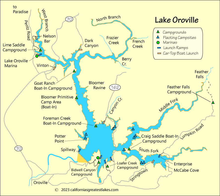 Lake Oroville fishing map, CA