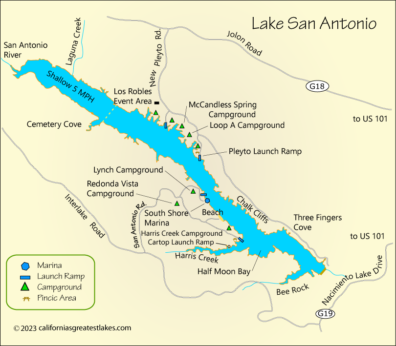 Lake San Antonio fishing map, CA