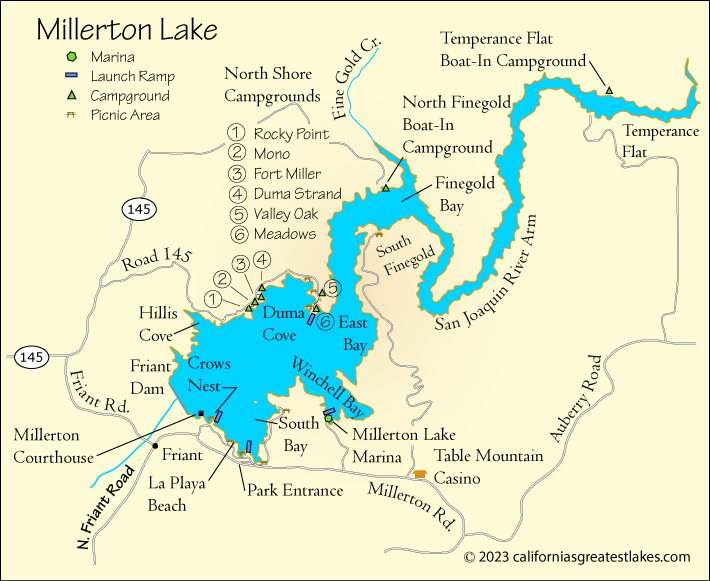 Millerton Lake fishing map, CA