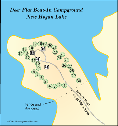 map of the Deer Flat boat-in campground at New Hogan Lake, CA
