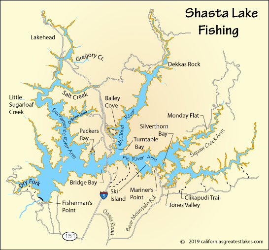 Shasta Lake fishing map, CA