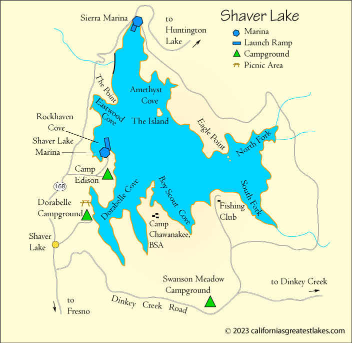 Shaver Lake fishing map, CA