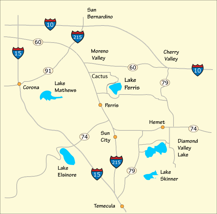 Map showing the greater Lake Perris area, CA