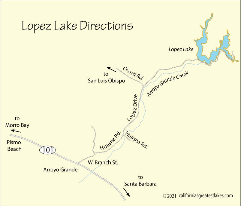 Map showing directions to Lopez Lake, California