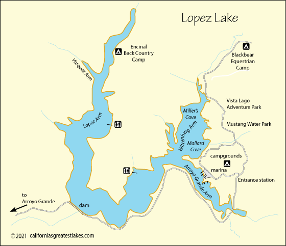 Lopez Lake fishing map, San Luis Obispo County, California